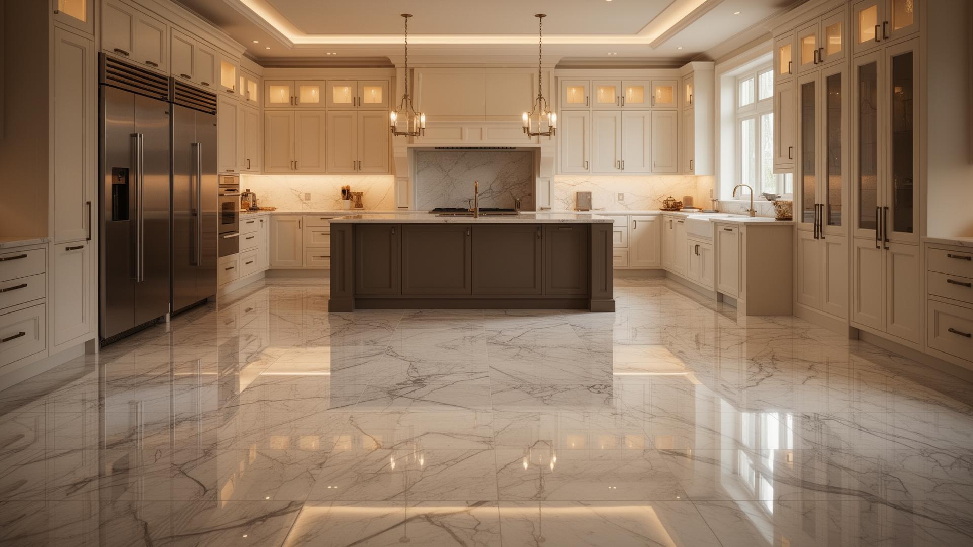 Spotless luxury kitchen with polished marble floor cleaned by Super Master Cleaning