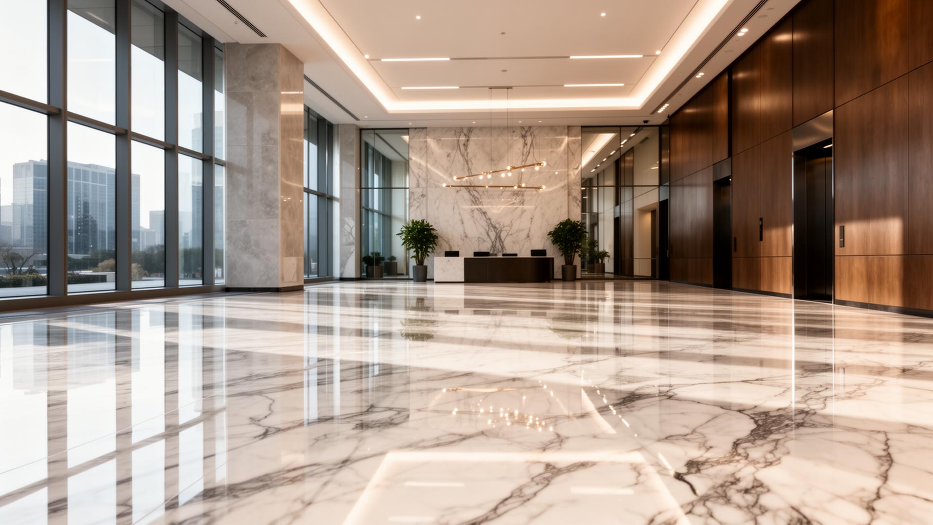 Mirror-finish marble lobby of a corporate office cleaned by Super Master Cleaning